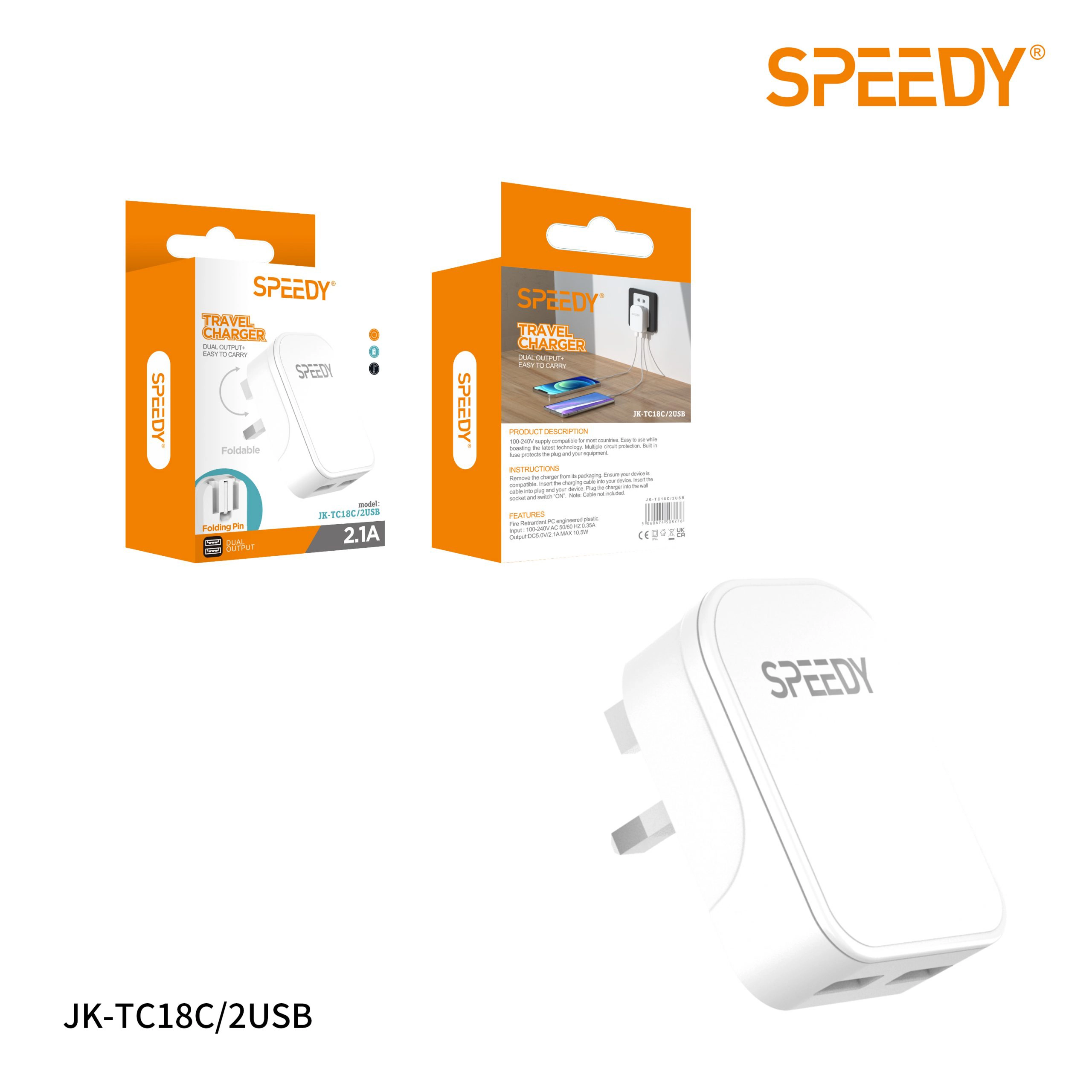 Foldable Travel Charger with Dual Output (JK-TC18C/2USB ) White