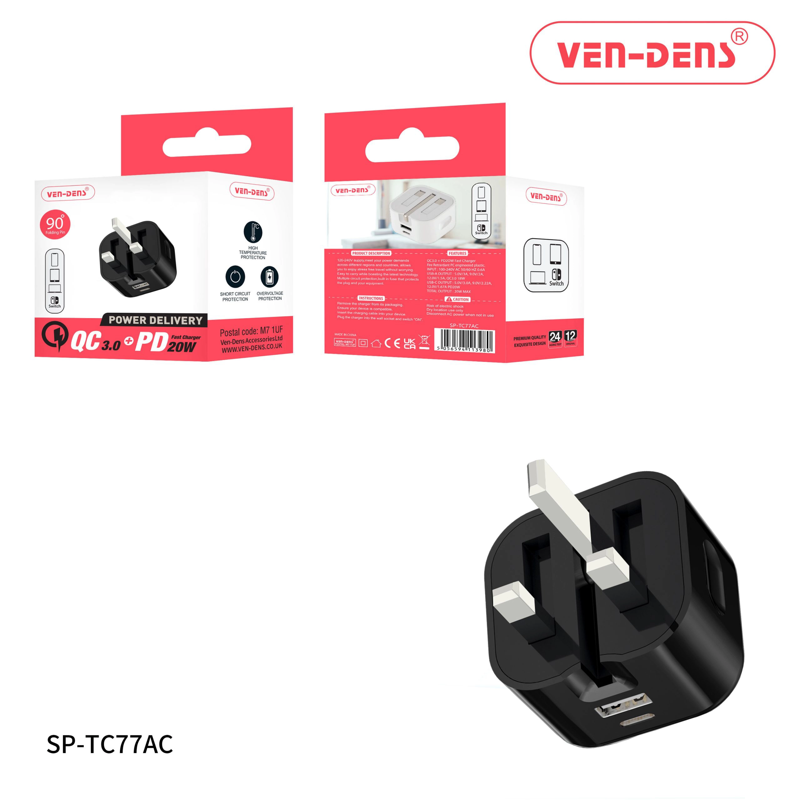 USB Type-C+PD 20w Fast Charger Folding Plug (SP-TC77AC) (BLACK)
