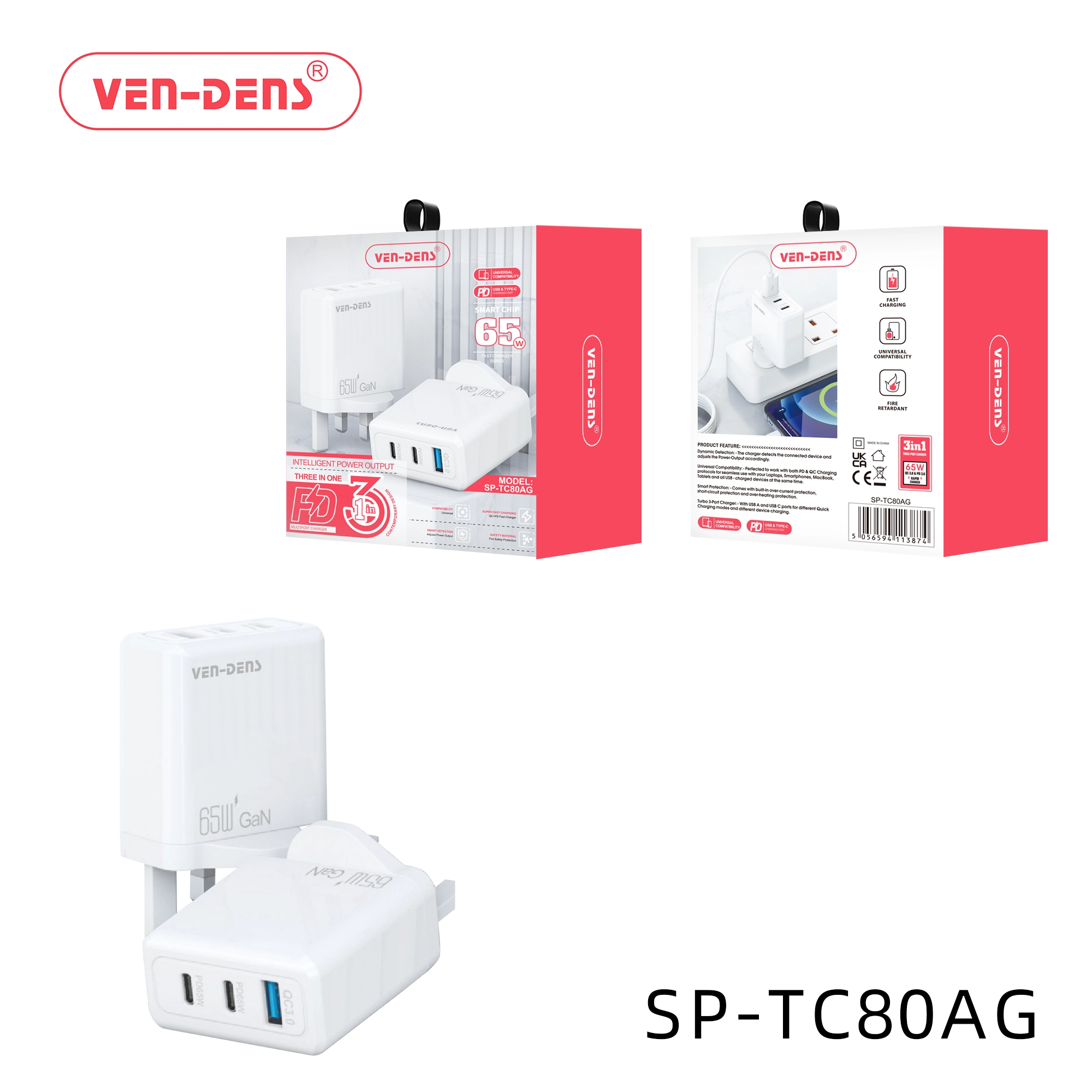 65W GaN Charger USB & Type-C 3 in 1 Multi Port Charger Plug (SP-TC80AG)