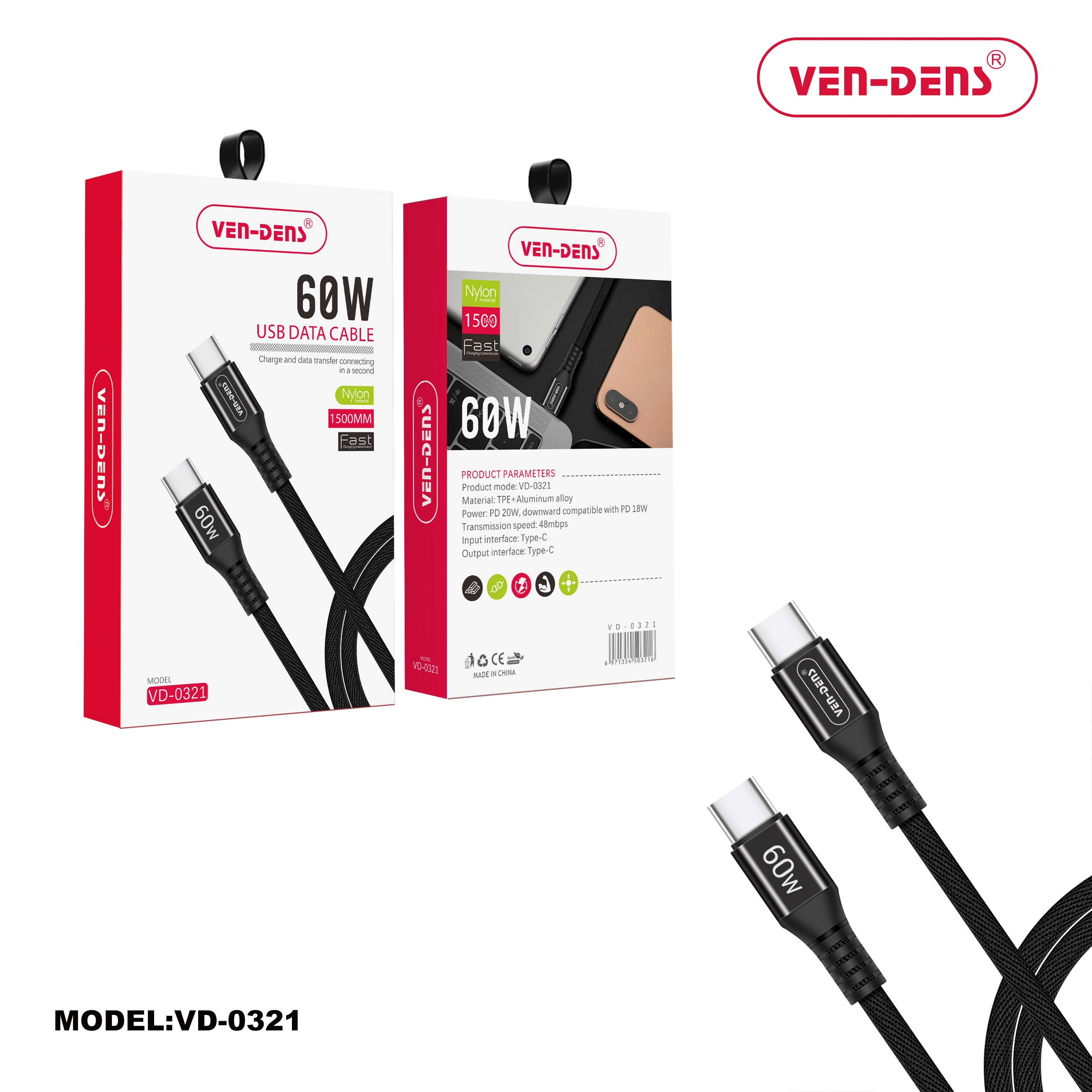 Type C To Type C Charging Cable 60W Nylon Cable (1.5 Metre)