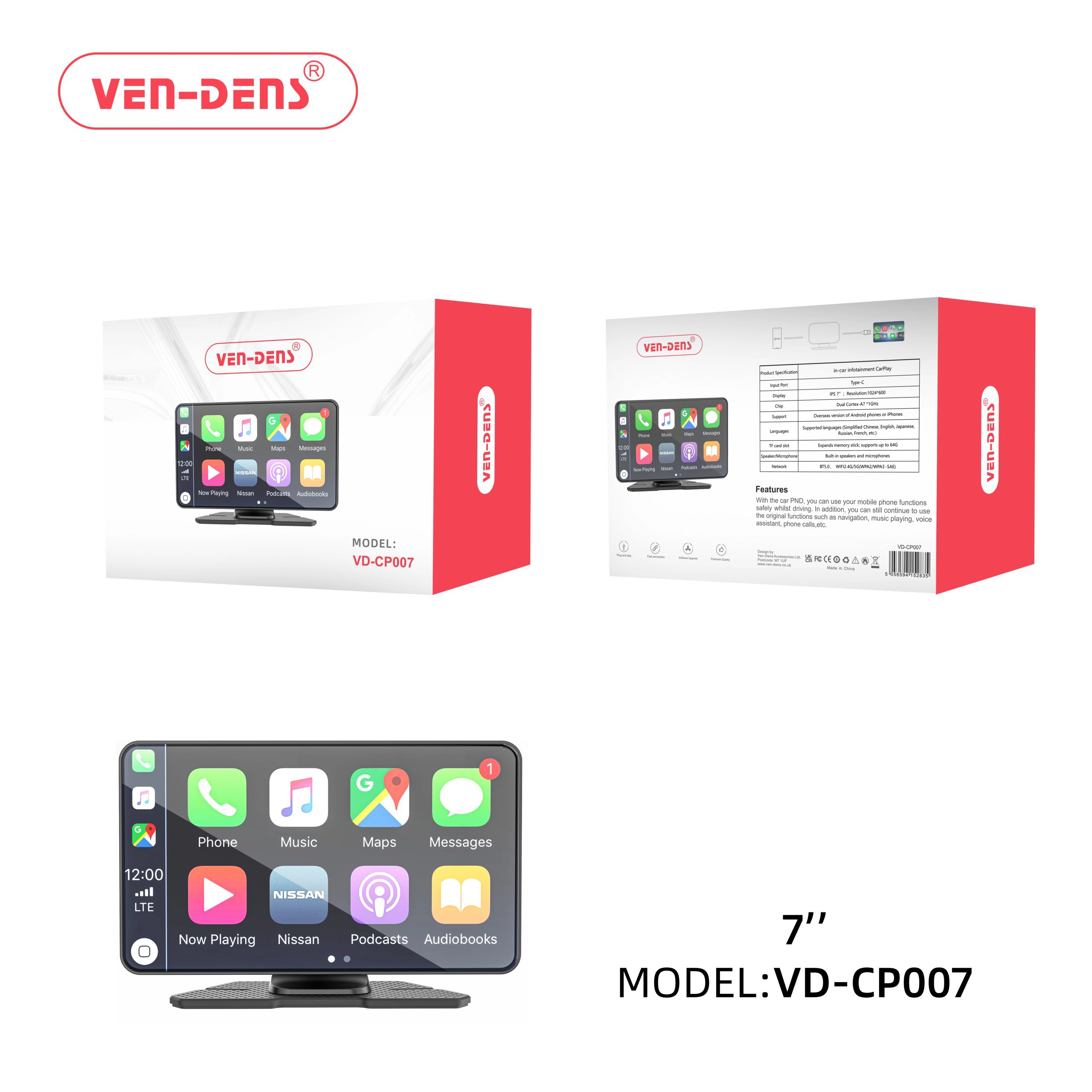 In-car infotainment CarPlay Type-C IPS 7″ Display