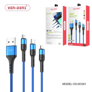 3 In 1 USB to Type C Lightning and Micro Charging Cable BLUE (1.2 Metre)