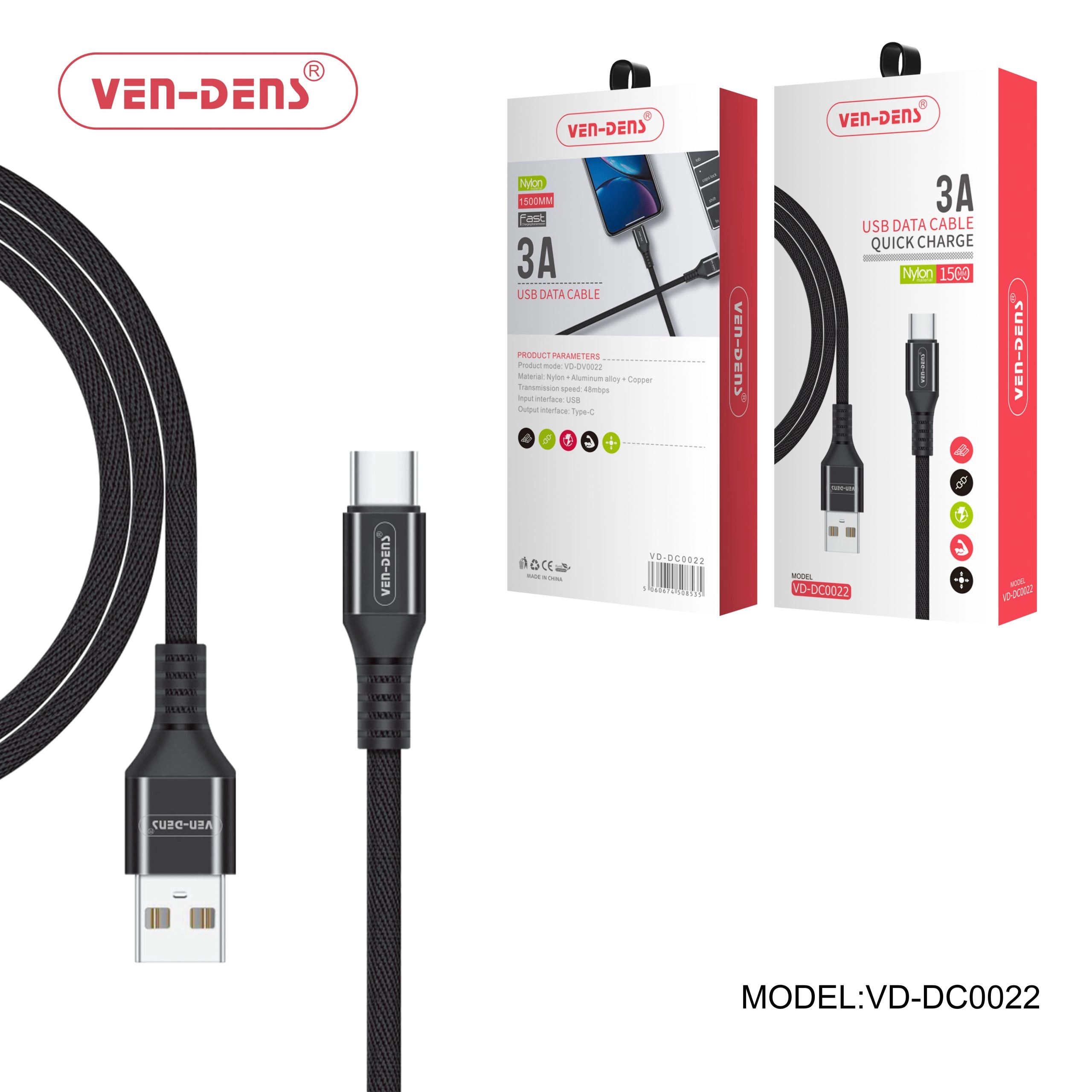 USB to Type C Charging Cable 3A Nylon Cable Black (1.5 Meter)