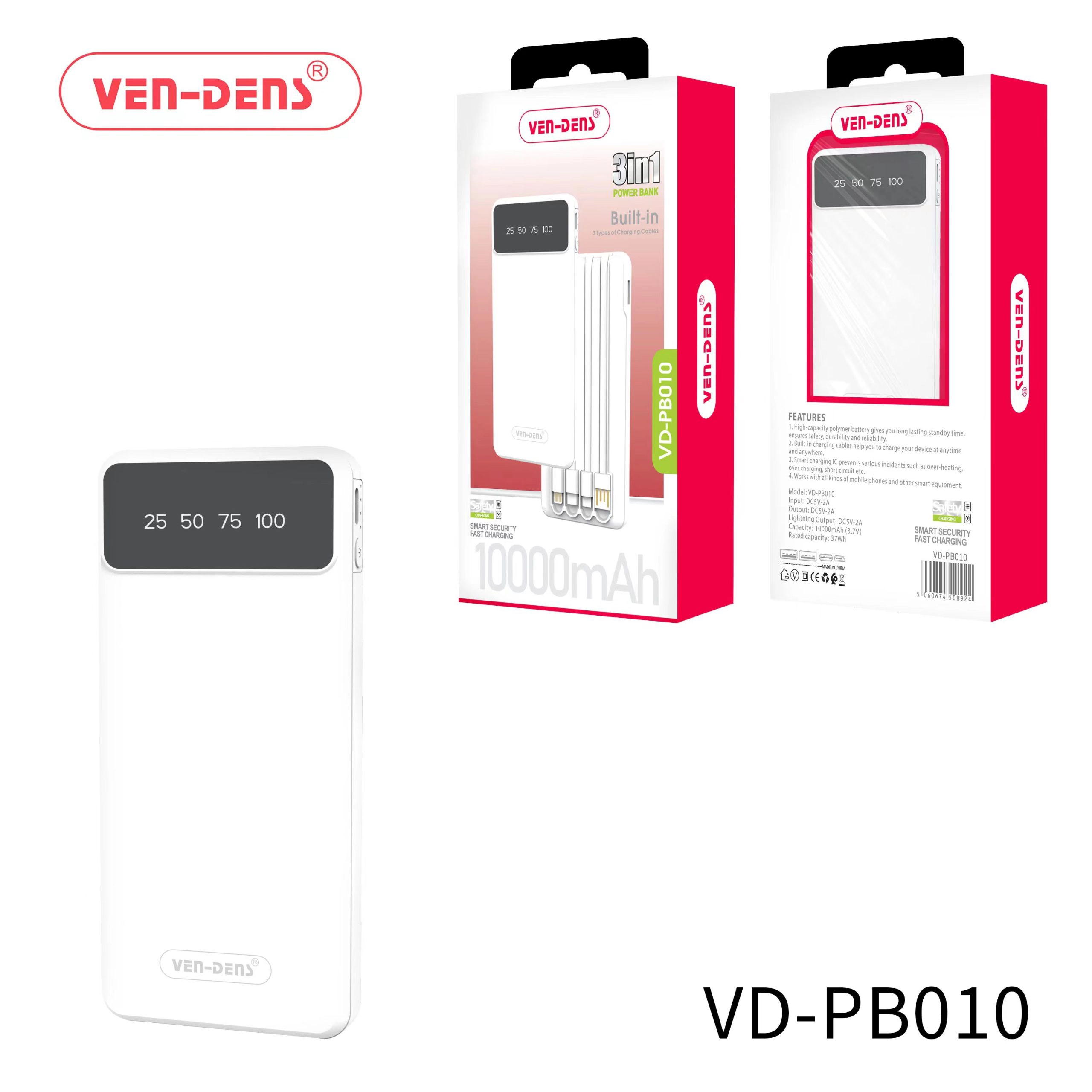 Power Bank 10000mAh 3IN1 Built in Charging Cables