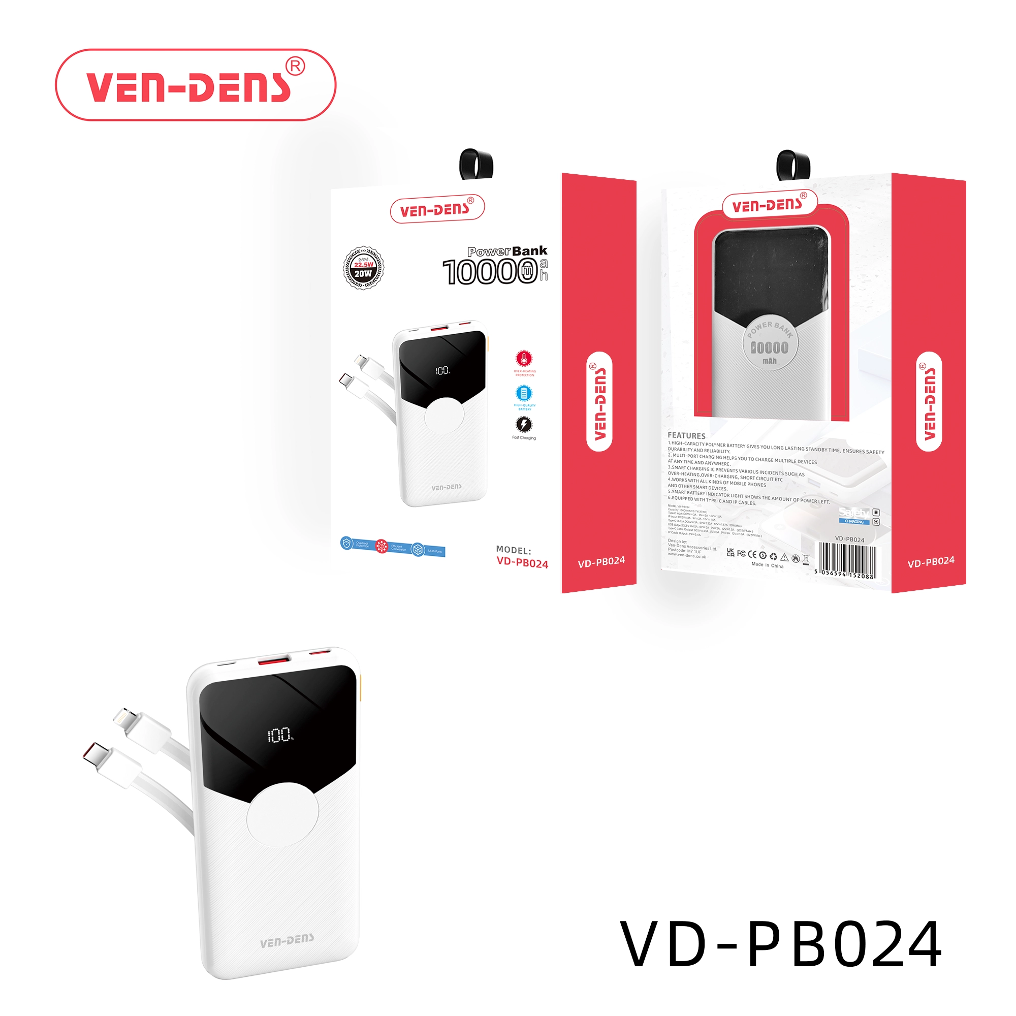 Power Bank 10000mAh 22.5W/20W LED DISPLAY BUIT IN TYPE C & IPHONE CABLES