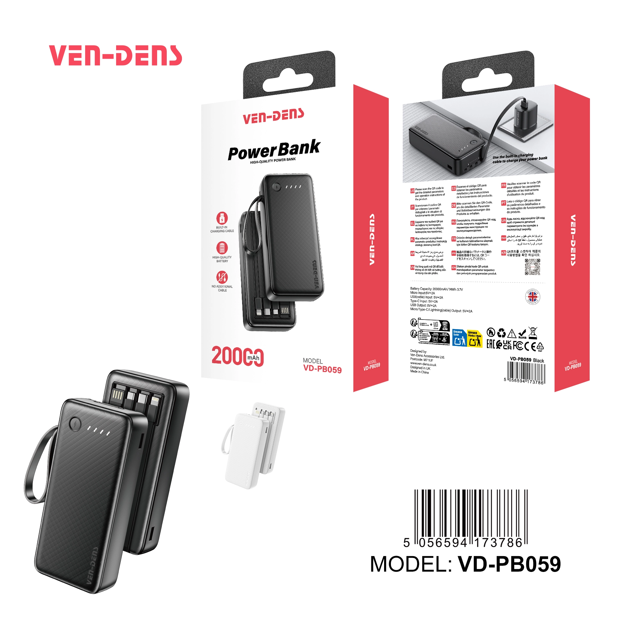 Power Bank 20000mAh 3IN1 Built in Charging Cables