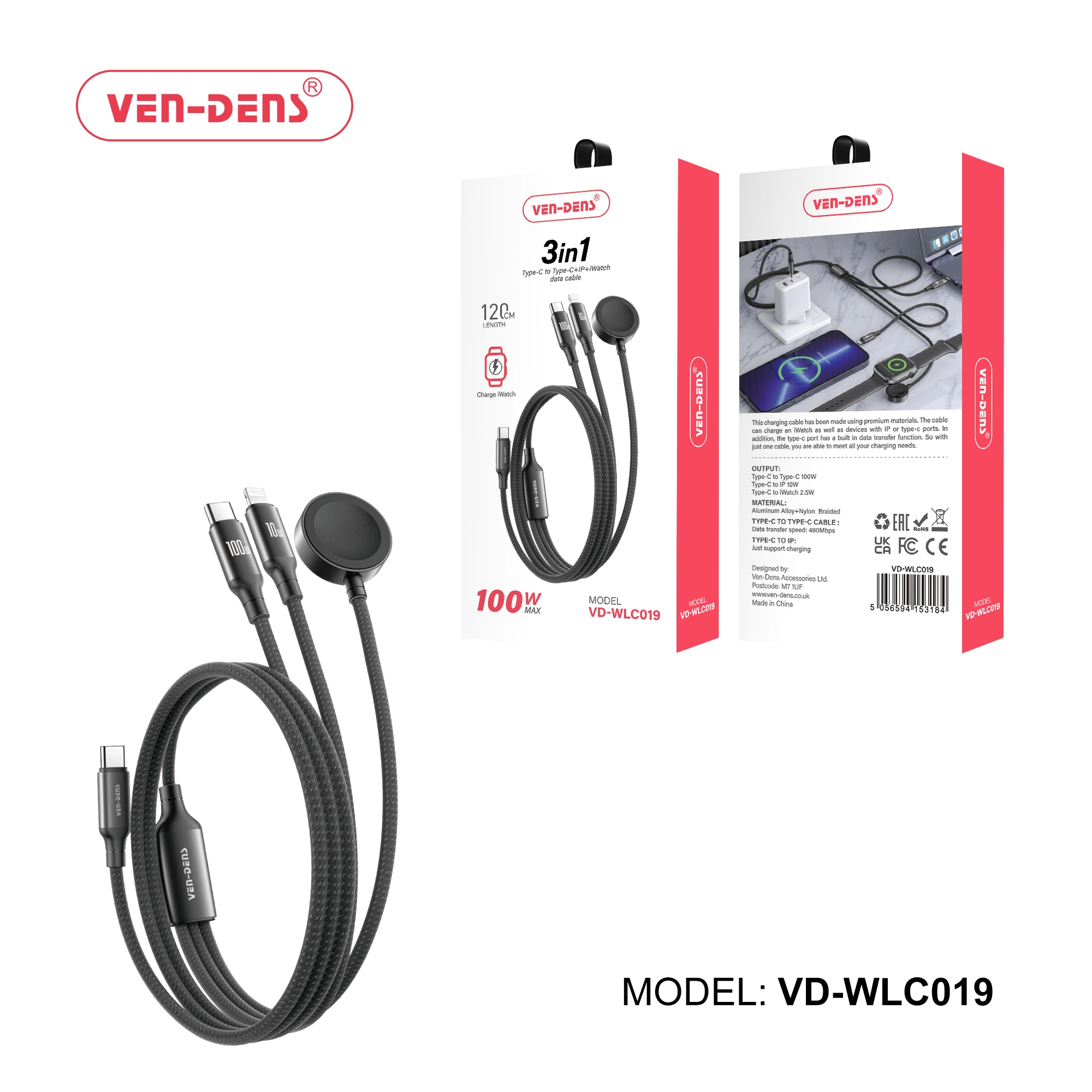 3in1 Type-c To Type-c, iWatch & iPhone Data cable (100w Max)